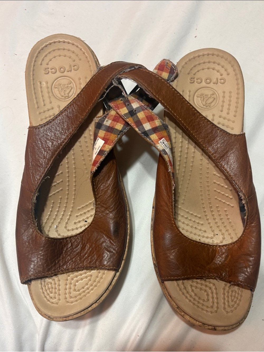 CROCS Brown Leather-Look Slip-On Sandals with Plaid Strap